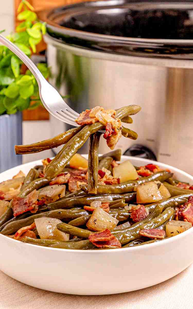 Slow Cooker Southern Green Beans on a fork with bacon pieces.