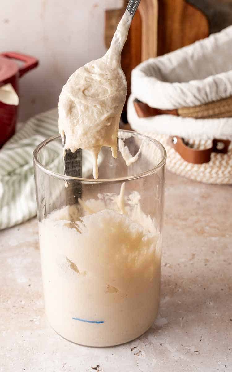 Sourdough starter with spoon lifting active starter.