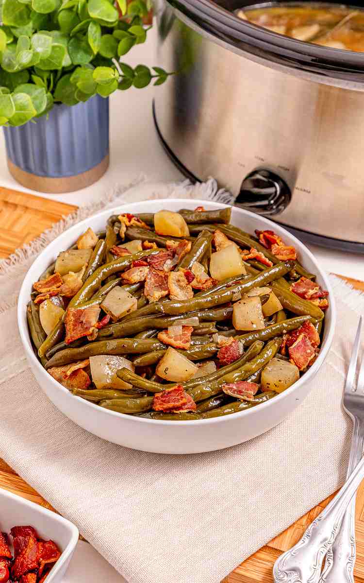 Southern green beans and potatoes in a bowl.