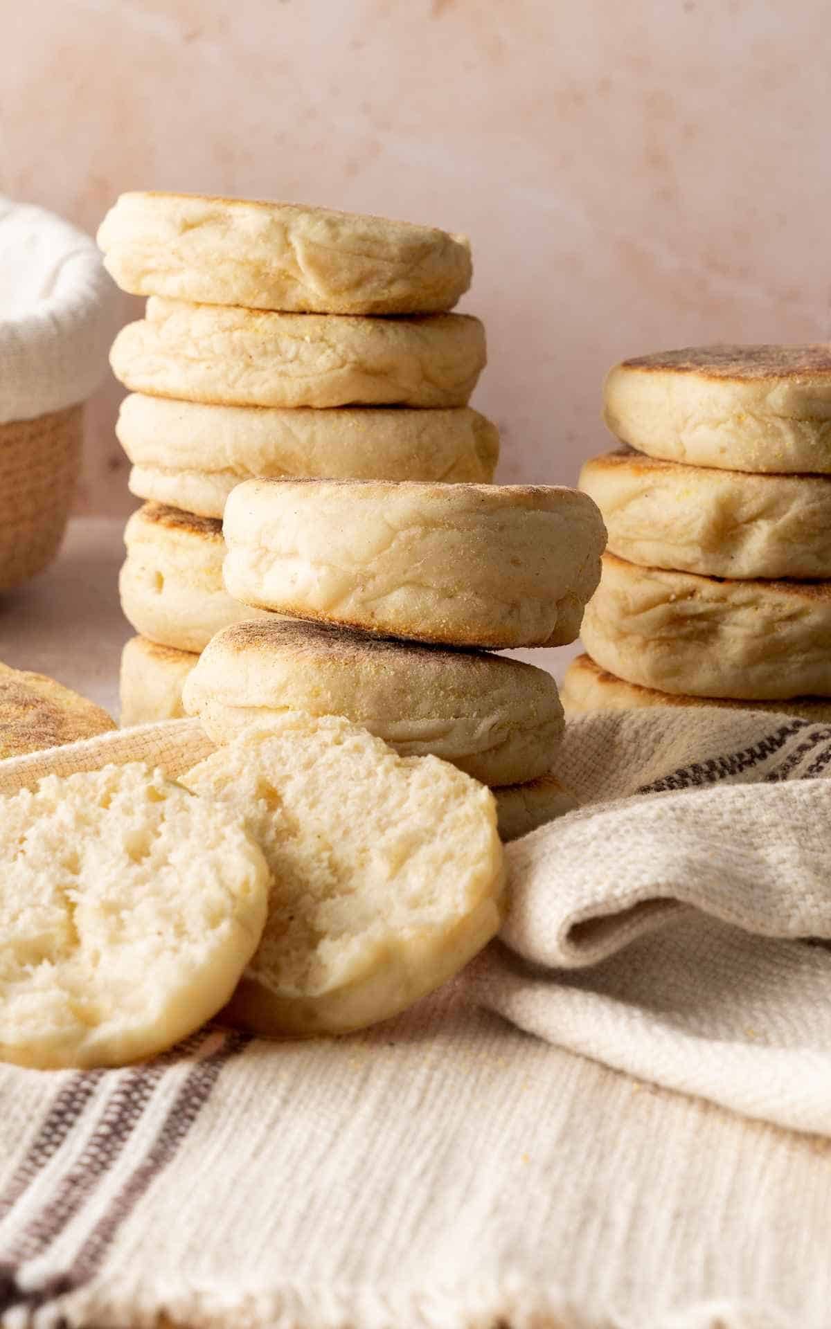 A stack of English muffins made with sourdough discard.
