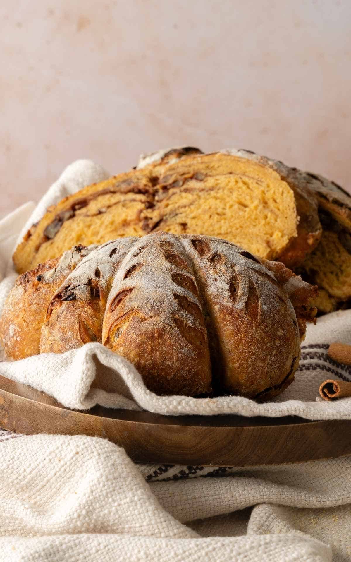 Sliced pumpkin sourdough with a cinnamon swirl.