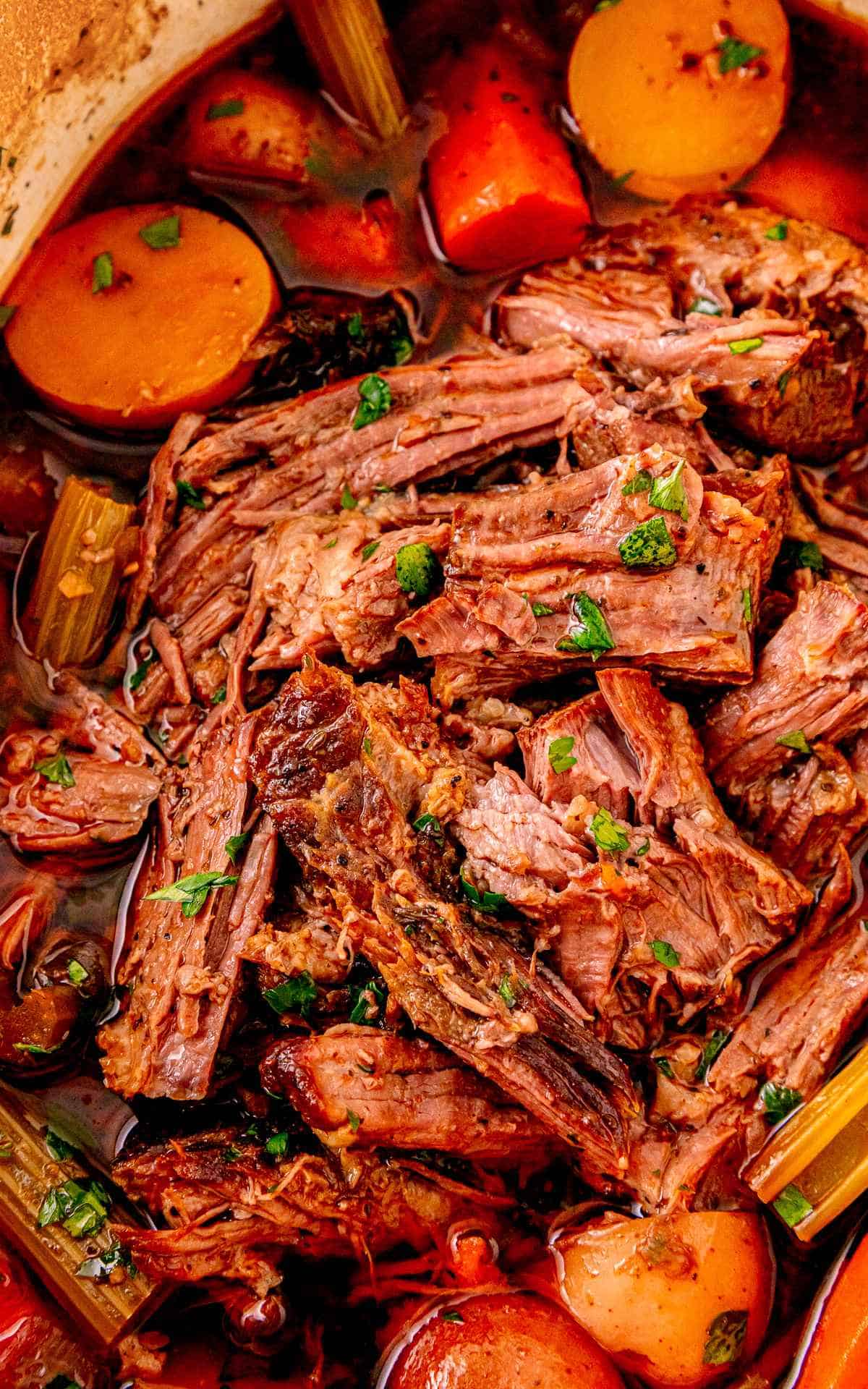 Dutch Oven Pot Roast with potatoes and carrots.